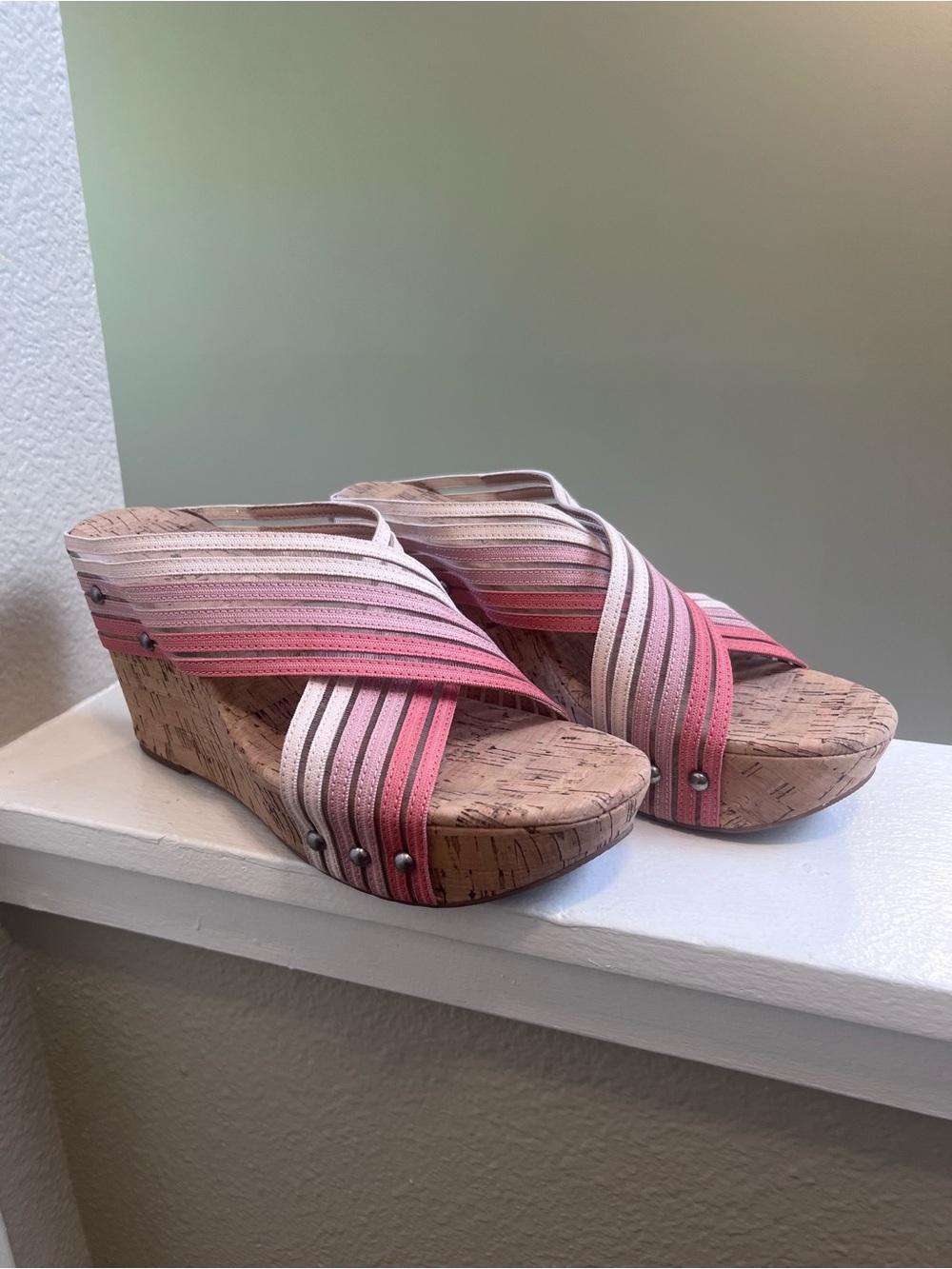 Lucky Brand Pink Ombré Cork Wedge Sandals Crisscross Wedge Size 9
